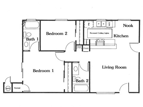 Floor plan for 2 beds, 2 baths, 950 sqft